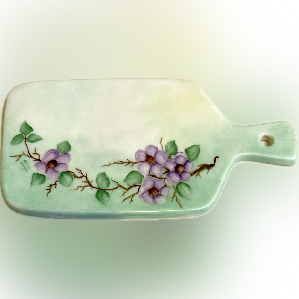 VTG PORCELAIN CHEESE BOARD HAND PAINTED CHINA PURPLE VIOLET GREEN FLOWER KITCHEN